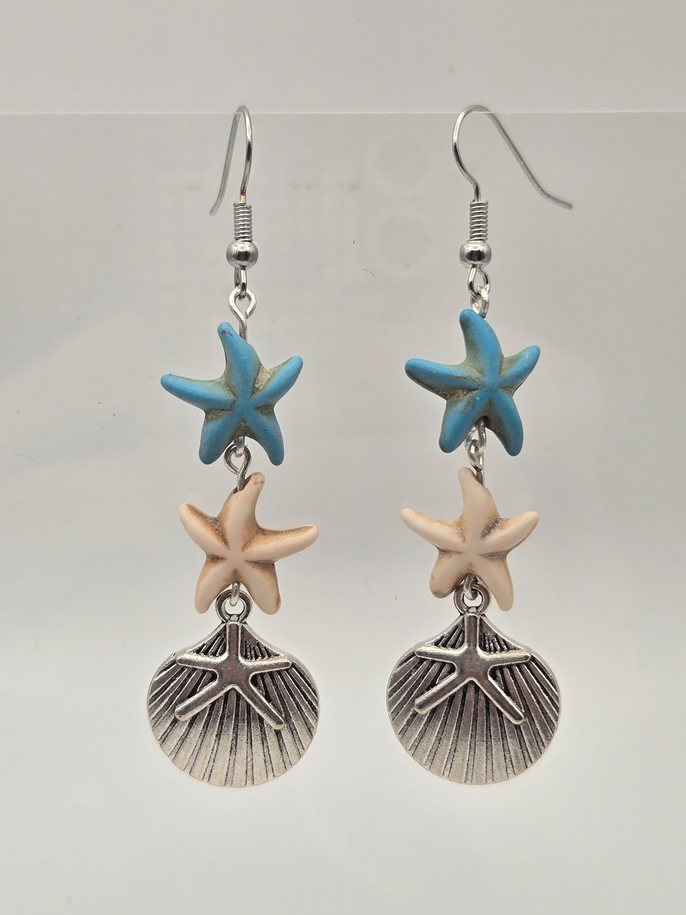 Coastal Double Starfish Drop Earrings - Blue & Cream